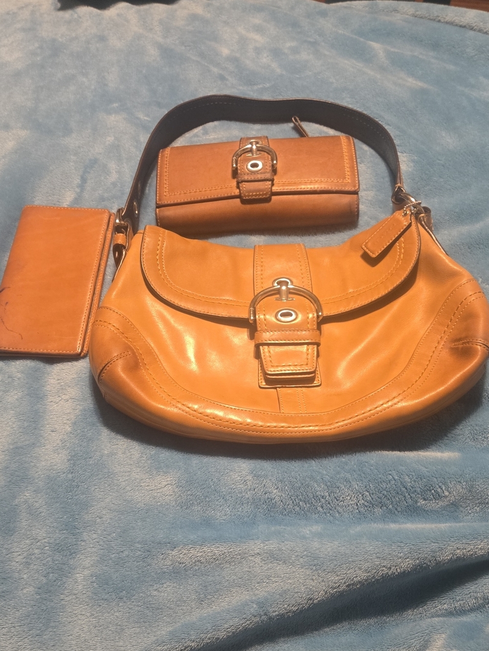 Coach Tan Leather Shoulder Bag with Matching Wallet & Checkbook Holder